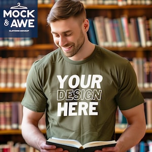 Military Green T-Shirt Mockup | Bella Canvas 3001 Mockup | Chill Library Vibe | BC3001 Military Green Shirt | Male Model
