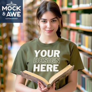 Military Green T-Shirt Mockup | Bella Canvas 3001 Mockup | Chill Library Vibe | BC3001 Military Green Shirt | Female Model