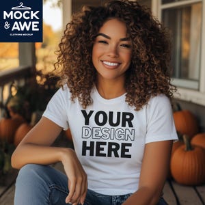 Halloween White T-Shirt Mockup | Bella Canvas 3001 | Fall Autumn Pumpkin Vibe | BC3001 White Shirt | Black Female Model