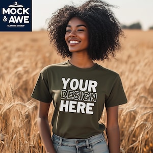 Halloween Green T-Shirt Mockup | Bella Canvas 3001 | Fall Autumn Cornfield Vibe | BC3001 Military Green Shirt | Black Female Model