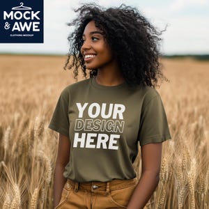 Halloween Green T-Shirt Mockup | Bella Canvas 3001 | Fall Autumn Cornfield Vibe | BC3001 Military Green Shirt | Black Female Model