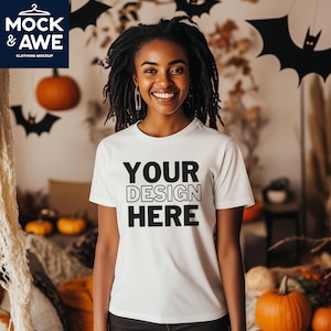 Halloween White T-Shirt Mockup | Bella Canvas 3001 | Fall Autumn Pumpkin Vibe | BC3001 White Shirt | Black Female Model