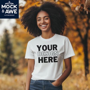 Halloween White T-Shirt Mockup | Bella Canvas 3001 | Fall Autumn Pumpkin Vibe | BC3001 White Shirt | Black Female Model