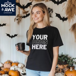 Halloween Black T-Shirt Mockup | Bella Canvas 3001 | Autumn Fall Pumpkin Vibe | BC3001 Cream Shirt | Female Model