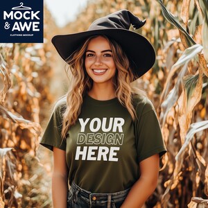 Halloween Green T-Shirt Mockup | Bella Canvas 3001 | Fall Autumn Cornfield Vibe | BC3001 Military Green Shirt | Female Model