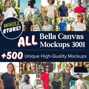 TIENDA ENTERA Mockups Bella Canvas / Bella Canvas 3001 / Múltiples colores / Diversos modelos únicos Mockups de imágenes al aire libre