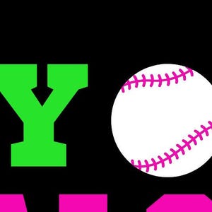 May include: Green and pink graphic with the word "Play" and a white baseball with pink stitching.