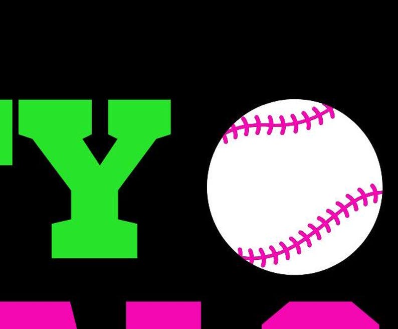 May include: Green and pink graphic with the word "Play" and a white baseball with pink stitching.