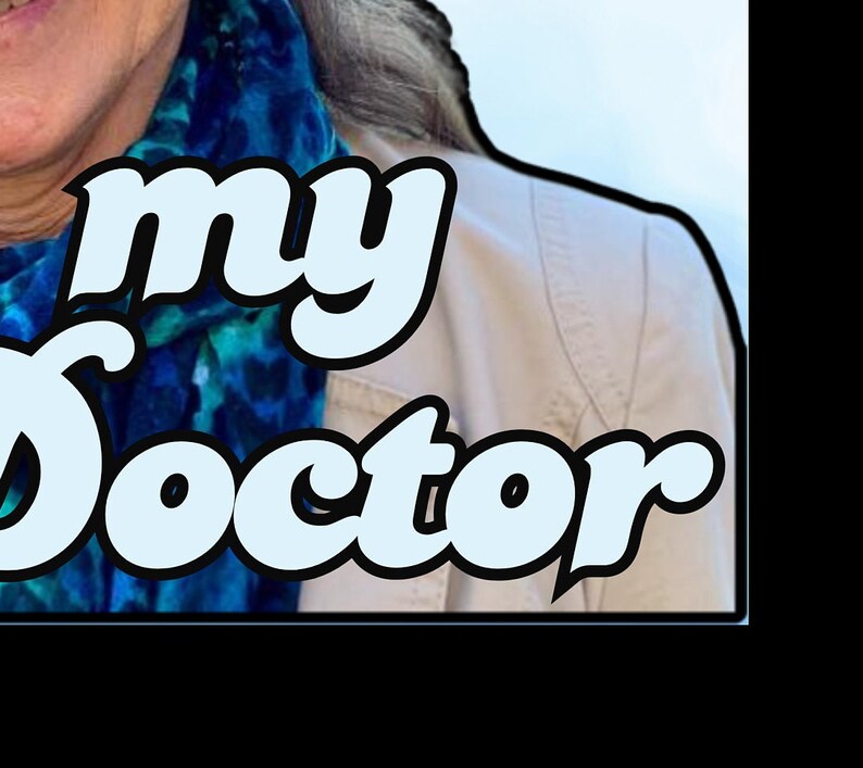 May include: Image features the words "my Doctor" in a stylized, light blue font with a black outline. The text is superimposed over a person wearing a tan jacket and a blue and teal scarf.