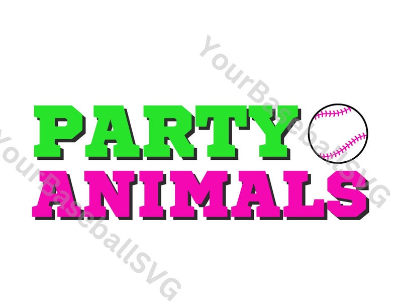 May include: Green and pink text that reads "PARTY ANIMALS" with a white softball with pink stitching on the right side.