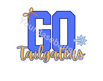 May include: Blue and orange graphic with the text "GO Tailgaters" with a brown bow and a blue and white spur.