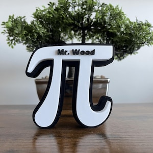 Pode incluir: Símbolo pi branco impresso em 3D com contorno preto. O símbolo tem o texto "Mr. Wood" na parte superior.