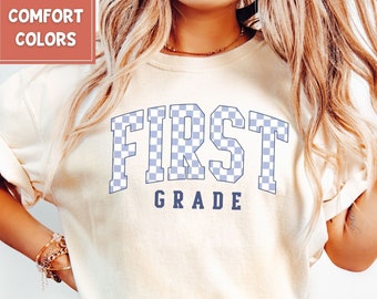 First Grade Teacher Shirt, Comfort Colors® Teacher Shirt, Retro Checkered Teacher Shirt, 1st Grade Teacher T-shirt, First Grade Teacher Tee