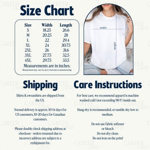 May include: A white t-shirt with a size chart showing measurements in inches. The chart lists sizes S to 4XL with corresponding width and length measurements. Care instructions are also provided.