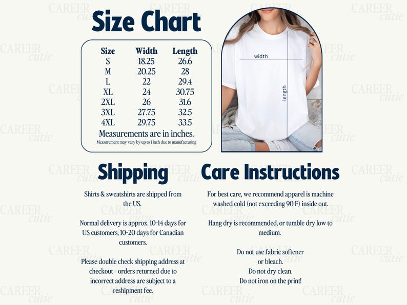 May include: A white t-shirt with a size chart showing measurements in inches. The chart lists sizes S to 4XL with corresponding width and length measurements. Care instructions are also provided.