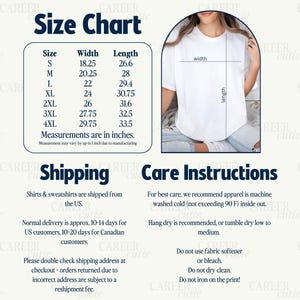 May include: White t-shirt with a size chart showing measurements in inches. The chart lists sizes S to 4XL with corresponding width and length measurements. Care instructions and shipping information are also included.
