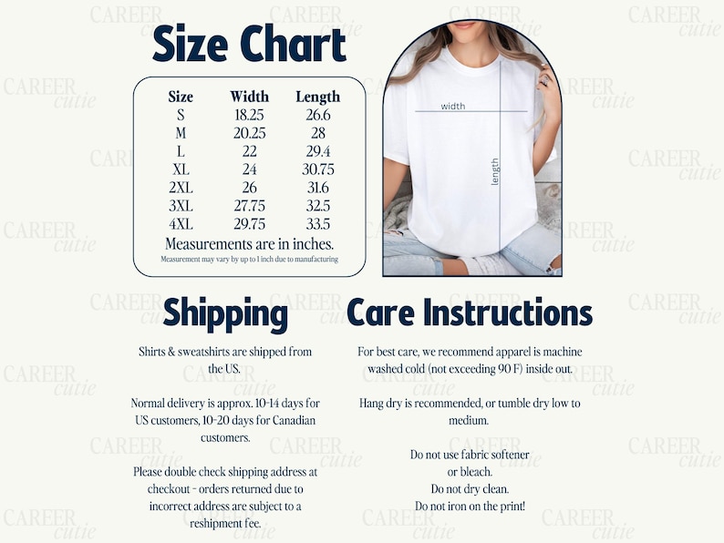 May include: White t-shirt with a size chart showing measurements in inches. The chart lists sizes S to 4XL with corresponding width and length measurements. Care instructions and shipping information are also included.