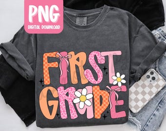 Nauczyciel pierwszej klasy PNG, projekt koszulki retro dla nauczyciela pierwszej klasy, projekt koszulki z powrotem do szkoły dla dziewcząt, projekt koszulki z okazji pierwszego dnia w pierwszej klasie