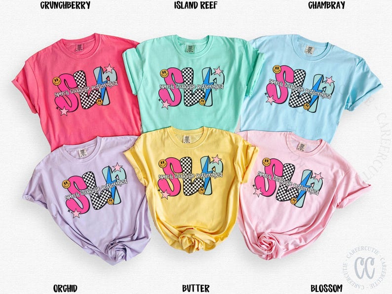 May include: A collection of six short-sleeved t-shirts in various colors, including pink, light blue, yellow, and lavender. Each shirt features a graphic design with the letters "SH" in a playful font, accompanied by stars and a checkerboard pattern.