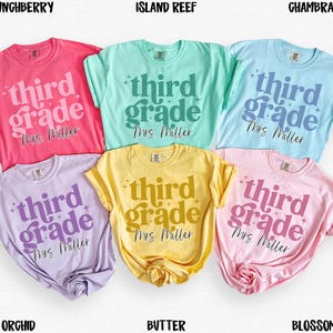 May include: Six t-shirts in shades of pink, blue, yellow, and purple. Each shirt has the text "third grade Mrs. Miller" printed on it. The shirts are arranged on a white surface, showcasing a range of colours and designs.