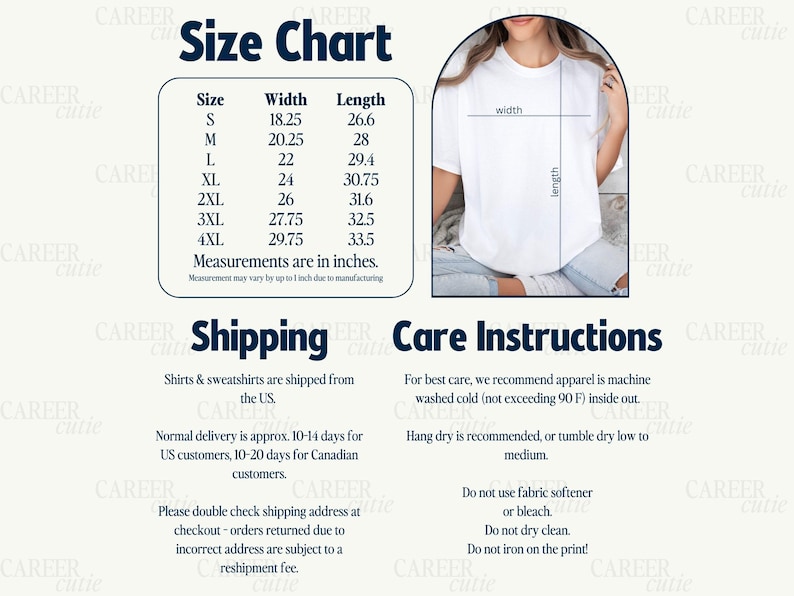 May include: White t-shirt with a size chart showing width and length measurements in inches. The chart includes sizes S to 4XL. Care instructions recommend machine washing cold and hang drying.