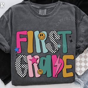 Comfort Colors® First Grade Shirt, First Grade Teacher Shirt, 1st Grade Teacher Shirt, Retro Teacher Tshirt, Checkered Teacher Shirt
