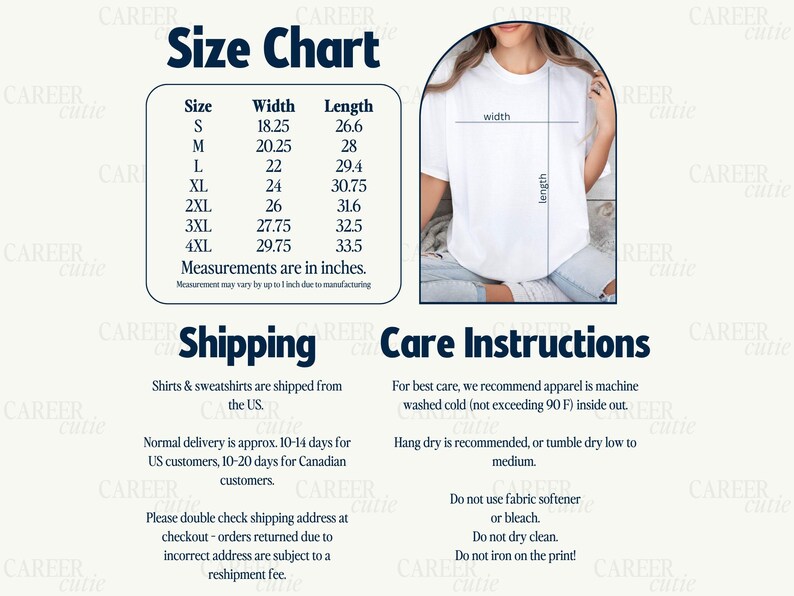 Op de afbeelding: Wit T-shirt met maattabel, verzend- en wasvoorschriften. De maattabel geeft maten S t/m 4XL met breedte- en lengtematen in inches. Wasvoorschriften adviseren koud wassen en aan de lijn drogen.