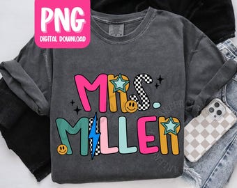 Nome de professor personalizado em PNG, design de camiseta de professor personalizado para download digital, design de nome moderno em PNG xadrez retrô - CTP01