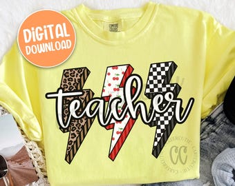Retro Teacher PNG, Trendy Teacher PNG, Checkered Lightning Bolt Teacher Tshirt Design, Checkered Leopard Cherry Teacher Digital Download