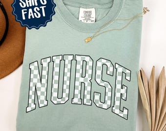 Comfort Colors® Nurse Shirt, Retro Checkered Nurse T-Shirt, Cute Spring RN Tshirt, Nursing Tee, Nurse Appreciation Gift for Registered Nurse