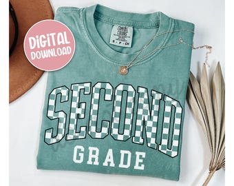 Maestra de segundo grado PNG, diseño de camiseta retro a cuadros para maestra de segundo grado, descarga digital (solo para uso personal)
