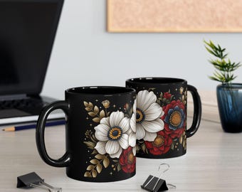 ミッドナイト ブルームズ マグ | フローラル コーヒー カップ | ボタニカル ティー マグ | コテージコア キッチン デコレーション | 彼女へのギフト