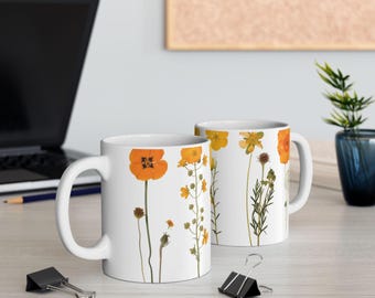 押し花シンフォニーマグ | サニーイエローフローラルハーバリウムセラミックコーヒーカップ