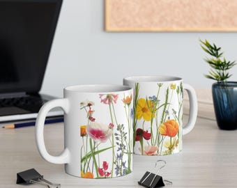 ワイルドフラワーメドウマグ | 花柄コーヒーカップ | ボタニカルティーマグ | 自然愛好家へのギフト | コテージコアキッチンデコレーション