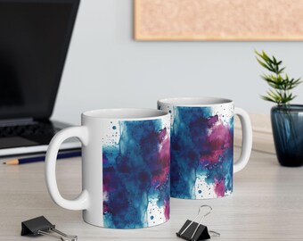 水彩スプラッシュマグ | 抽象アートコーヒーカップ | 青と紫のティーマグ | モダンな室内装飾 | ユニークなギフト