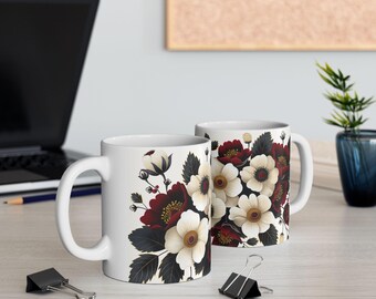 ミッドナイトアネモネマグ | 黒と白の花柄コーヒーカップ | ボタニカルティーマグ | コテージコアデコレーション