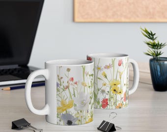 ワイルドフラワーメドウセラミックマグ | 自然愛好家へのギフト | ボタニカルティーカップ | 花柄コーヒーマグ | コテージコアキッチンデコレーション | 新築祝いギフト