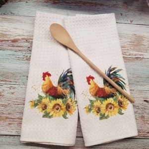 Rooster Kitchen Towel,  Rooster with Sunflowers Towel, Waffle Towel, Dish Towel, Summer Kitchen Towel, Farmhouse Towel
