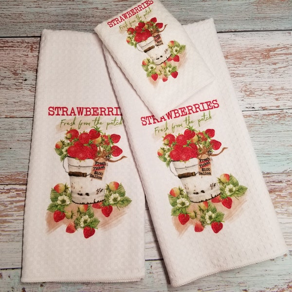 Strawberry Kitchen Towel,  Waffle Towel, Dish Towel, Mothers Day Gift, Spring Kitchen Towel