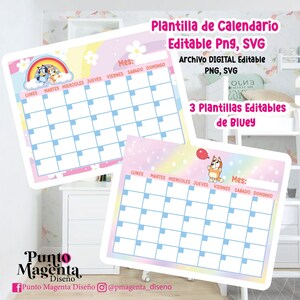 Puede incluir: Dos plantillas de calendario imprimibles con personajes de Bluey, con un diseño pastel de arcoíris y flores. Los calendarios tienen un diseño de cuadrícula para cada día de la semana, con el texto "Lunes, Martes, Miercoles, Jueves, Viernes, Sabado, Domingo".