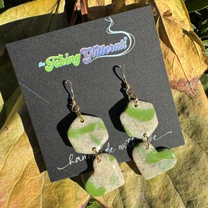 Green and Stone Polymer Clay Heart Dangle Earrings. Gold Fill Ear Wires.