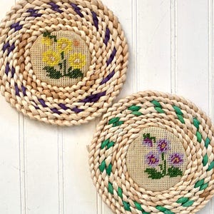 Vintage Embroidered Flower Rattan Trivets, Woven Raffia, Set of 2