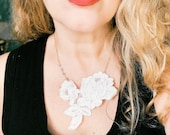 White Lace Bib Flower Chain Necklace, Vintage Wedding Dress Embroidery Lace, Gold Tone, Silver Metallic Bead Chain, One of a Kind Statement