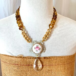 Vintage and New Chunky Statement Necklace, Rhinestone Pink Flower Pendant, Chandelier Crystal, Gold Chains and Tortoiseshell Chain Links