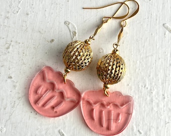 Pink and Gold Flower Earrings, Vintage Gold Balls, New Pink Acrylic Tulip Flowers, Gold Faceted Links, Chandelier Swing, Bold and Fun