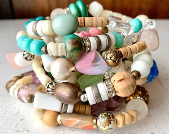 Beachy Keen Stretchy Bracelet, Choose from Aqua Blues Green Pink Purple or Neutrals, One of a Kind Sparkle, Vintage Beads and Rhinestones