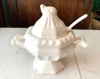 Vintage White Ceramic Miniature Tureen, Jam Jelly Jar, Off White Footed Handled Base with Grape Detail Lid and Spoon, Vintage Japan Kitchen