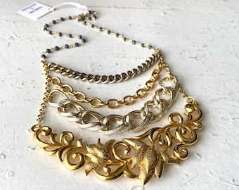 Stepped Swag Chain Bib Necklace in Gold Tones, Vintage Chain Swags and Navy Blue Crystal Bead Chain, Statement Piece, One of a Kind