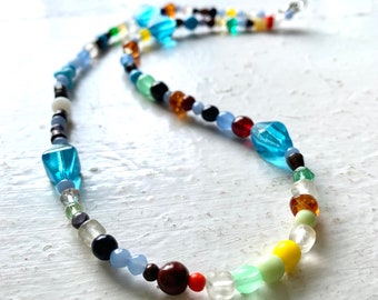 Rainbow Glass Bead Necklace, Vintage Italian Glass Beads from 1920s, Single Strand Rainbow, Colorful Jewelry, 100 Year Old Antique Beads