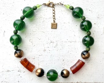 Handmade Green and Cognac Chunky Statement Necklace, Vintage Swarovski Crystals and Greens, Rare Bird Inspiration, Upcycled Jewelry